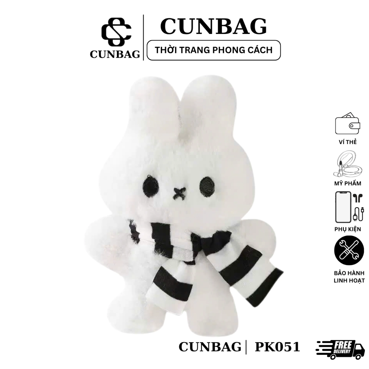 Móc Khóa Charm Cunbag Thỏ Bông Xù Phụ Kiện Treo Balo Túi Xách Phối Khăn Len Kẻ Sọc PK051