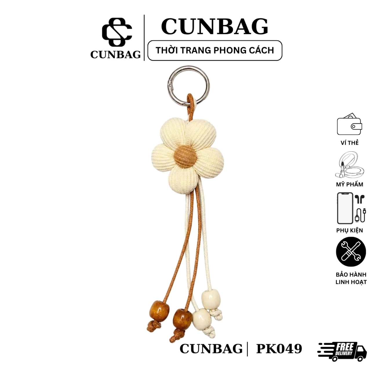 Móc Khóa Hoa Cúc Vải Tăm Cunbag Charm Treo Túi Xách Hình Bông Hoa Phối Hạt Gỗ Vintage PK049