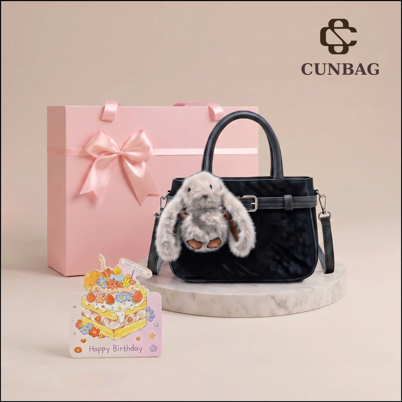 Set Quà Tặng CUNBAG Full Box 28x20x9, Túi Xách Nữ Phối Đai Kèm Charm Bông Xù & Hộp Quà Hồng (Tặng Kỷ Niệm, Sinh Nhật, Tặng Em) SET016