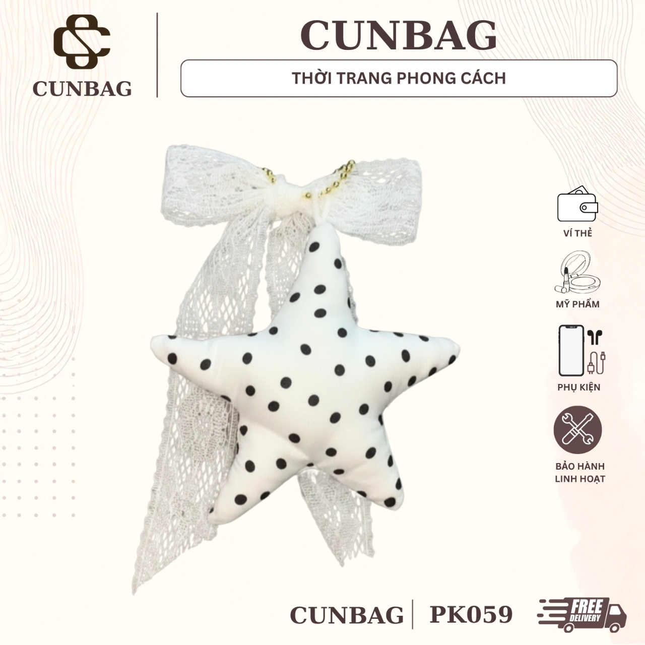 (Kèm Nơ) Móc Khóa Cunbag Bông Ngôi Sao Phối Nơ Ren Ngọt Ngào PK059
