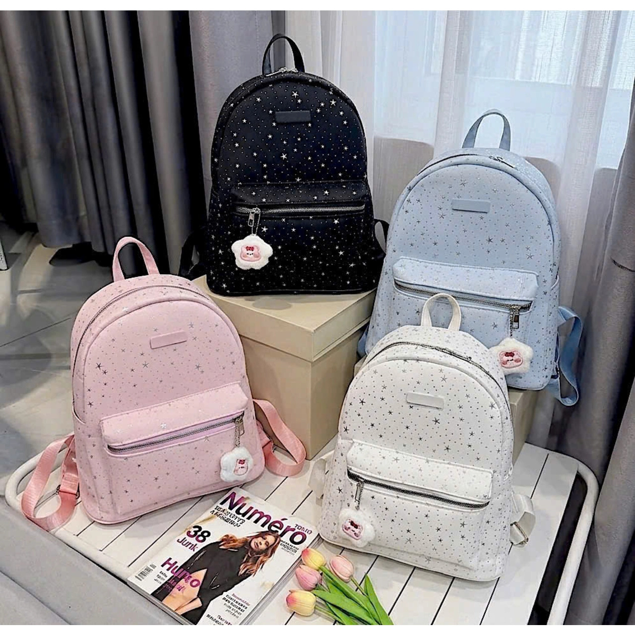 [ BACK TO SCHOOL ]- {Kèm Móc Gấu} BaLô Họa Tiết Dải Ngân Hà Nhỏ Gọn Đi Chơi Phối Bông Xù Cute BL415