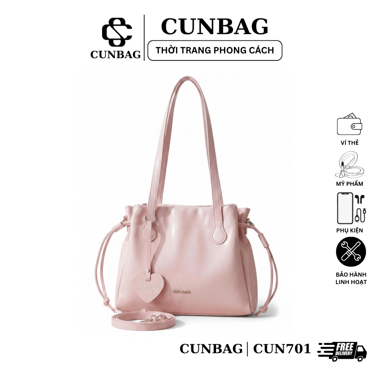 (Tăng Charm Tym Cunbag) Túi Xách Nữ Dây Rút Da Bóng Cao Cấp Quai Dài Đeo Vai Phong Cách Hàn Quốc Thanh Lịch CUN701