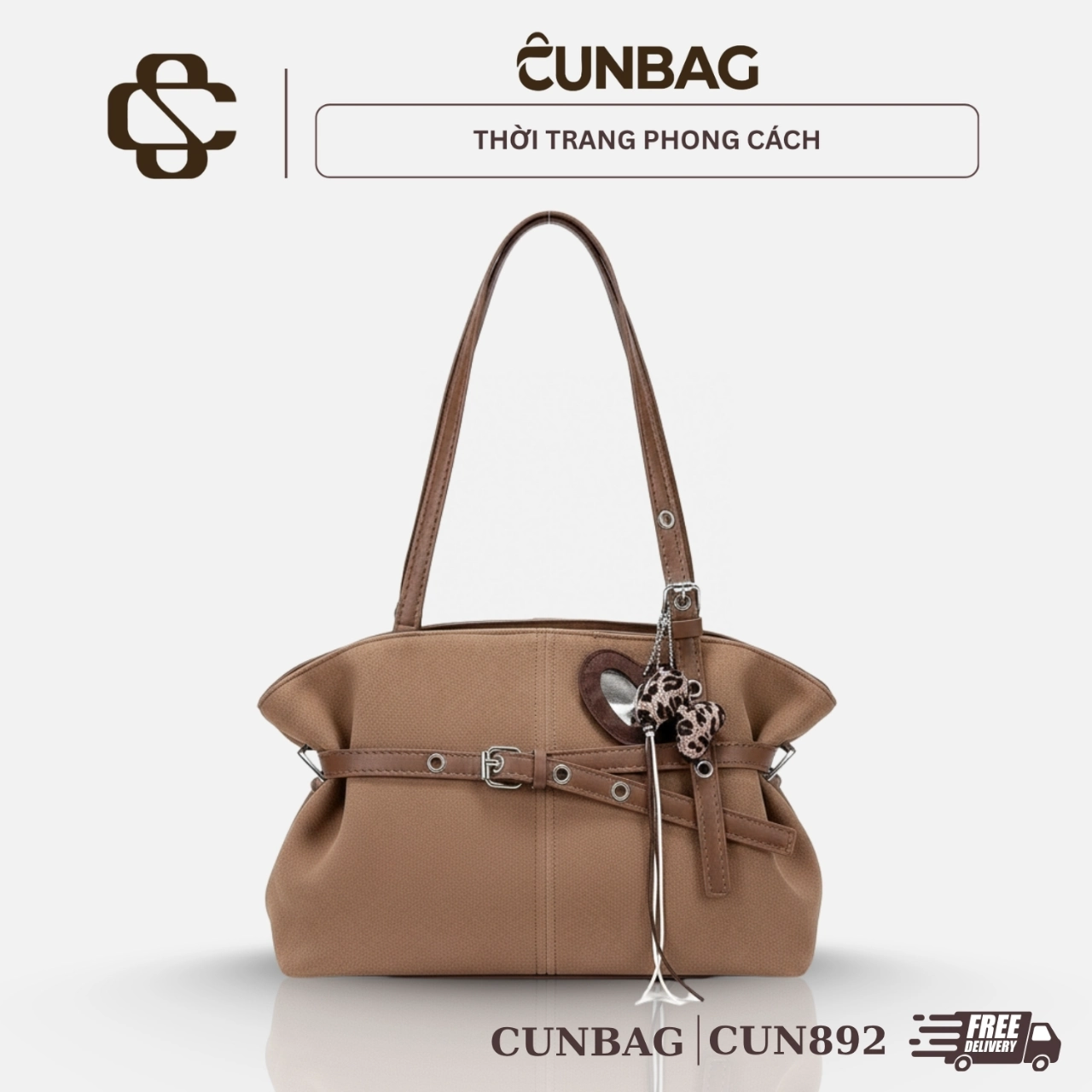 (Tặng Kèm Charm) Túi Kẹp Nách Nữ Cunbag Da Lộn Thắt Đai Giỏ Đeo Vai Vintage Da Báo Cá Tính CUN892