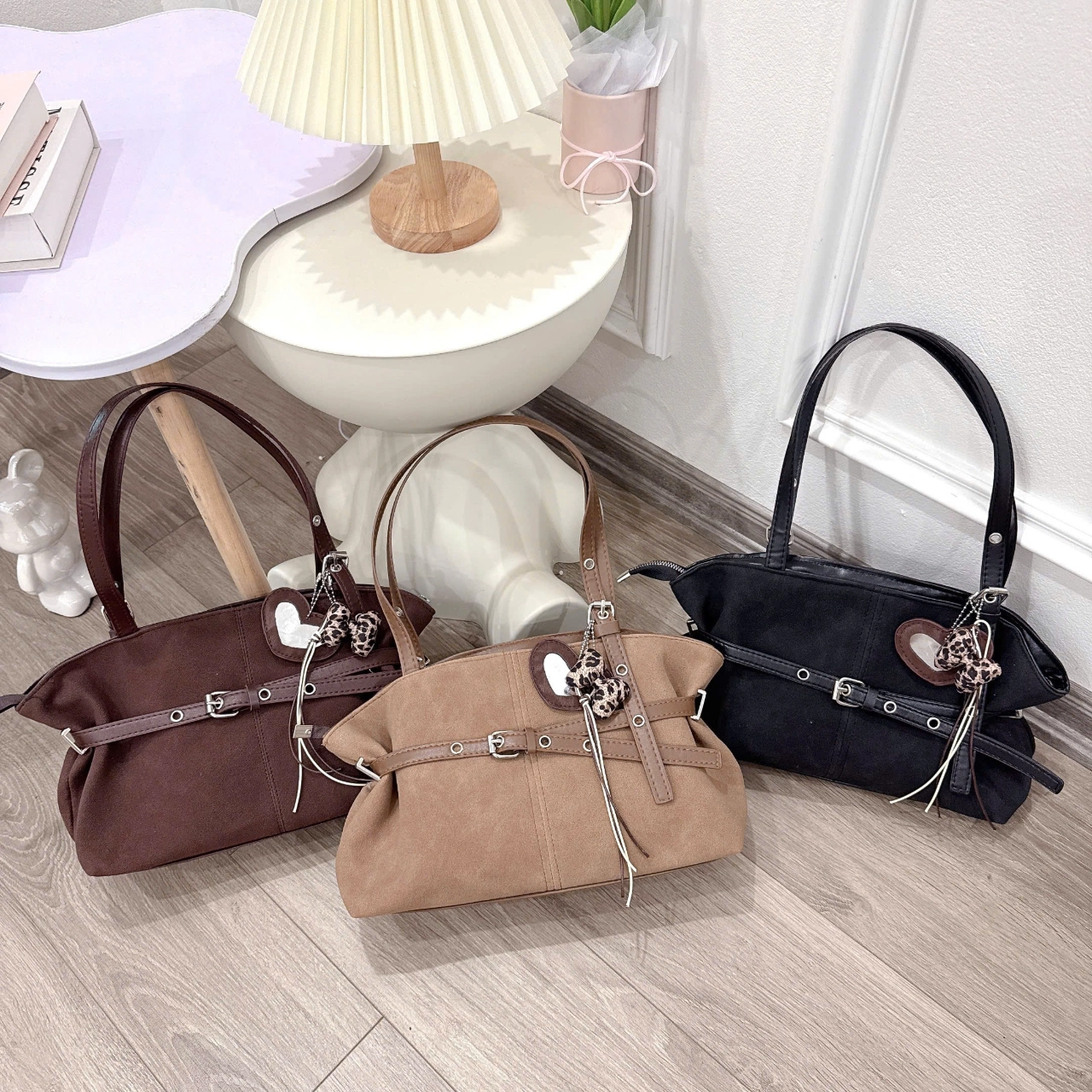 (Tặng Kèm Charm) Túi Kẹp Nách Nữ Cunbag Da Lộn Thắt Đai Giỏ Đeo Vai Vintage Da Báo Cá Tính CUN892