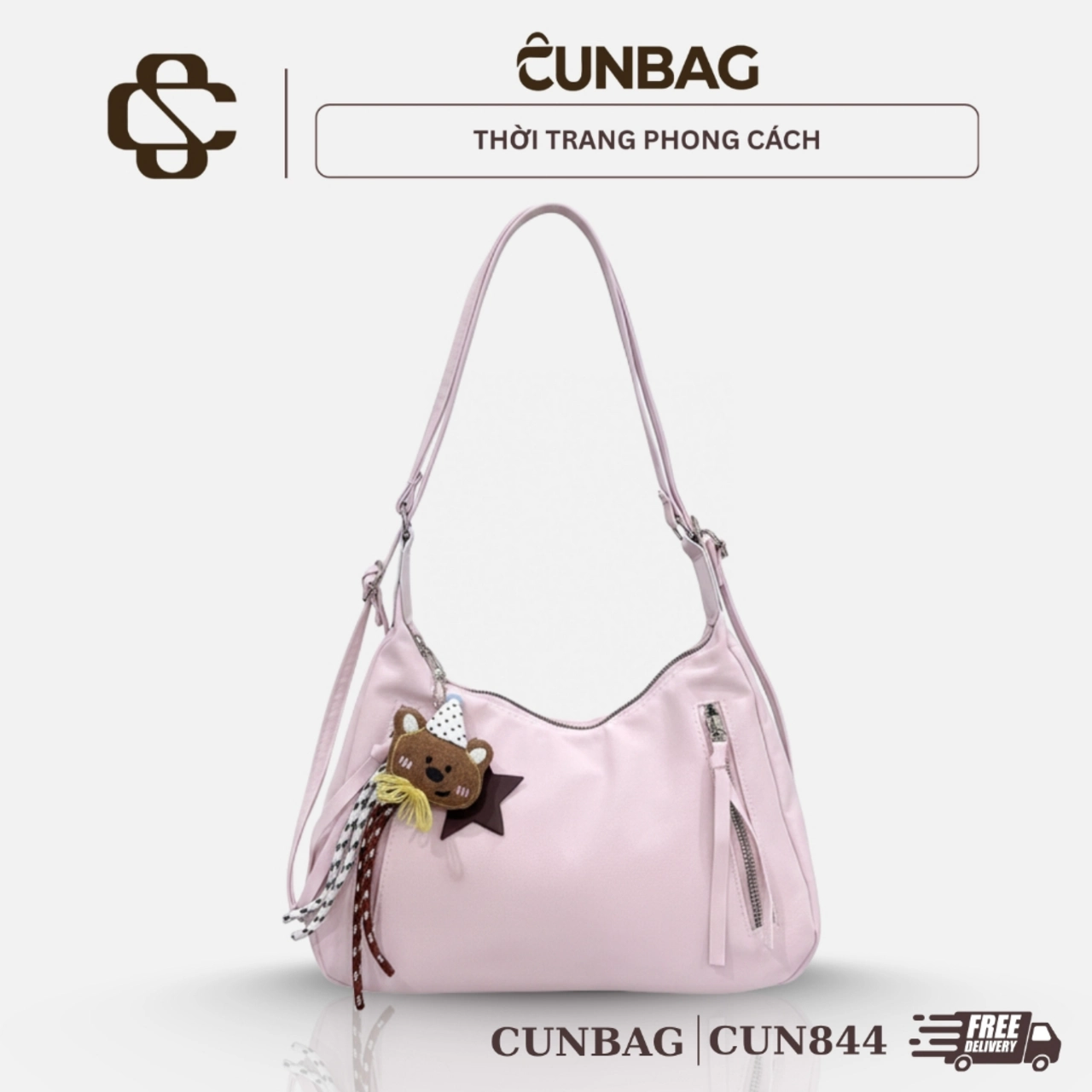 (Tặng Kèm Charm) Túi Xách Nữ Cunbag Dáng Bán Nguyệt Phối Ngăn Zipper Hàn Quốc CUN844