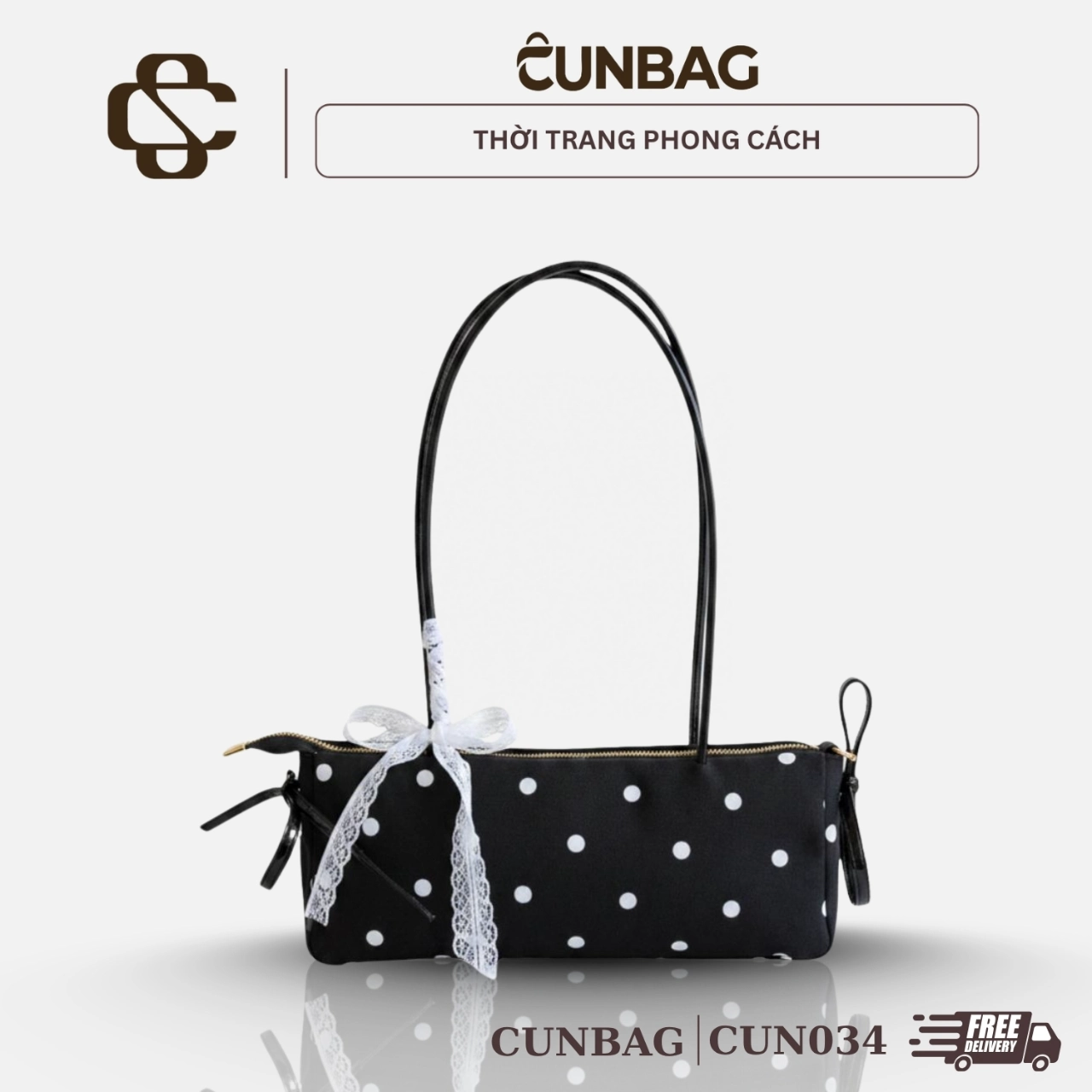 Túi Xách Nữ Cunbag Dáng Dài Chấm Bi Vintage Đính Nơ Ren Túi Đeo Vai Phong Cách Hàn Quốc Thanh Lịch Chơi CUN034