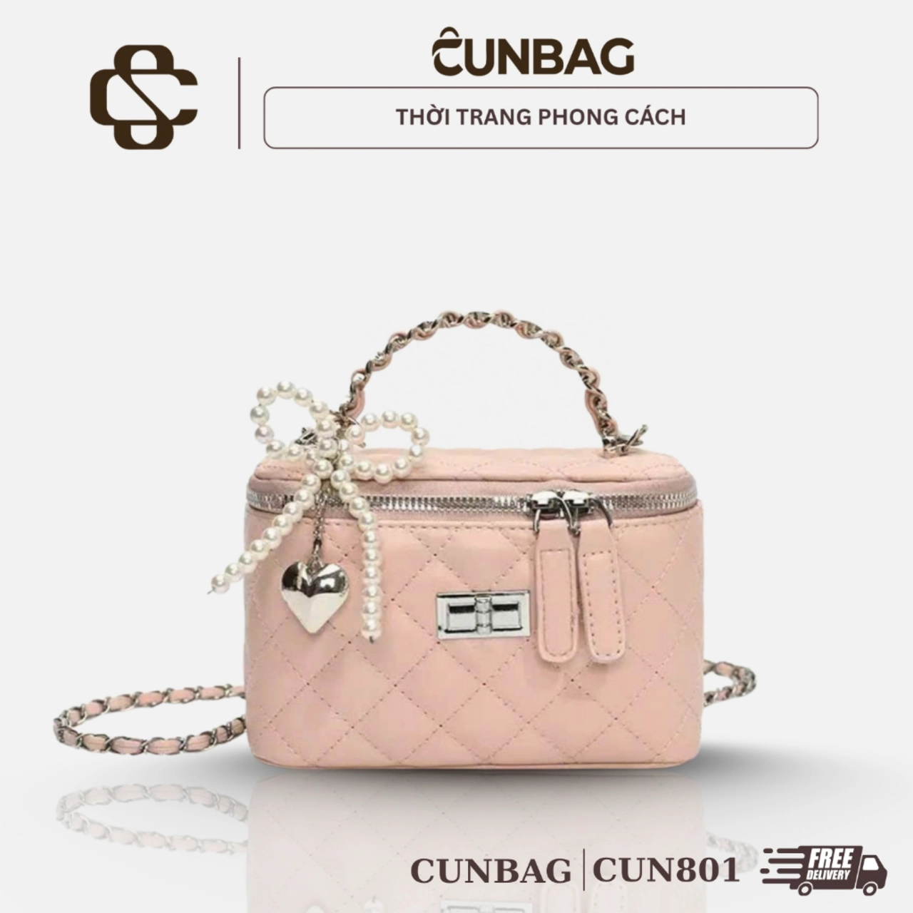 (Tặng Móc Ngọc) Túi Xách Nữ Cunbag Cốp Trần Ô Cao Cấp Sang Trọng Dự Tiệc Kèm Charm Ngọc  CUN801