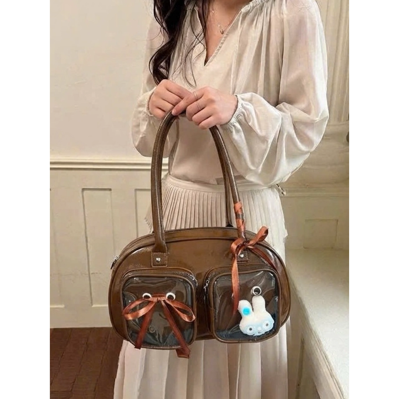 (Tặng Charm) Túi Xách Nữ Cunbag Dáng Trống Boston Phối Ngăn Trong Suốt Đựng Gấu Bông CUN453