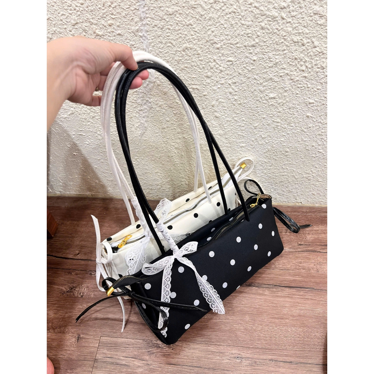 Túi Xách Nữ Cunbag Dáng Dài Chấm Bi Vintage Đính Nơ Ren Túi Đeo Vai Phong Cách Hàn Quốc Thanh Lịch Chơi CUN034