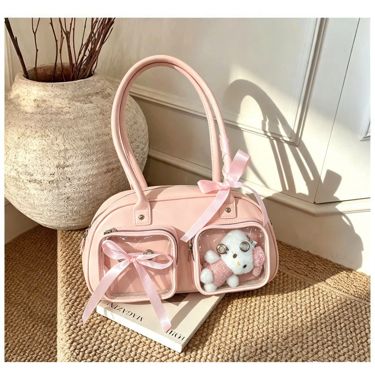 (Tặng Charm) Túi Xách Nữ Cunbag Dáng Trống Boston Phối Ngăn Trong Suốt Đựng Gấu Bông CUN453