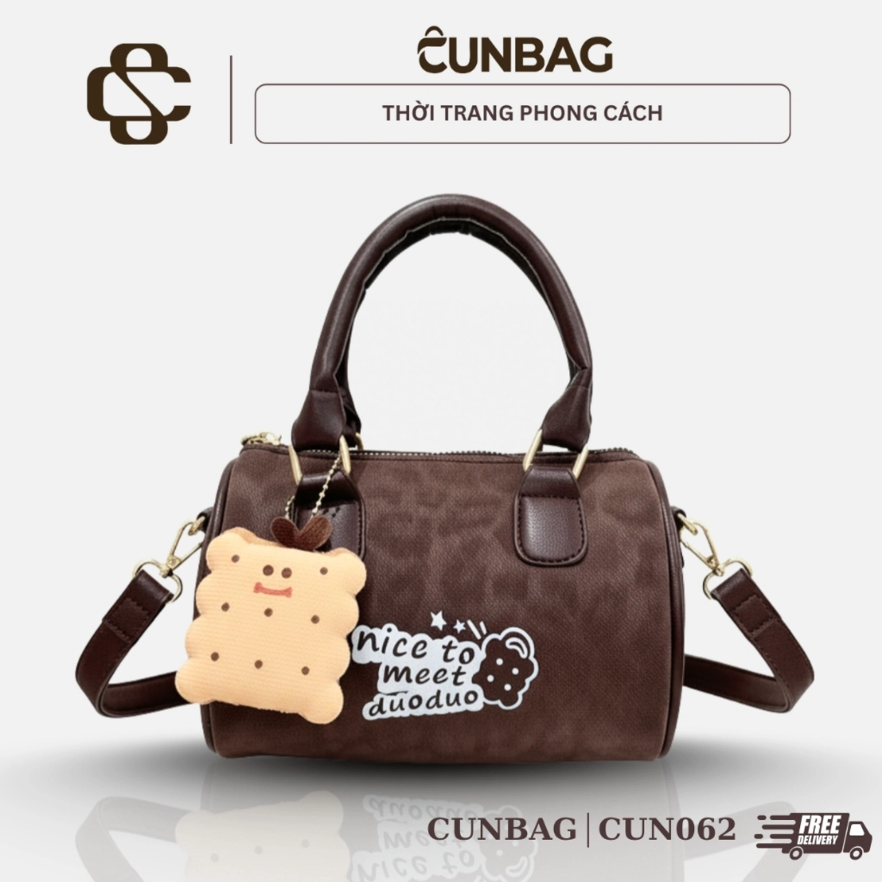 (Tặng Móc Xinh) Túi Xách Nữ Cunbag Dáng Trống Da Hoạ Tiết Vân Báo CUN062
