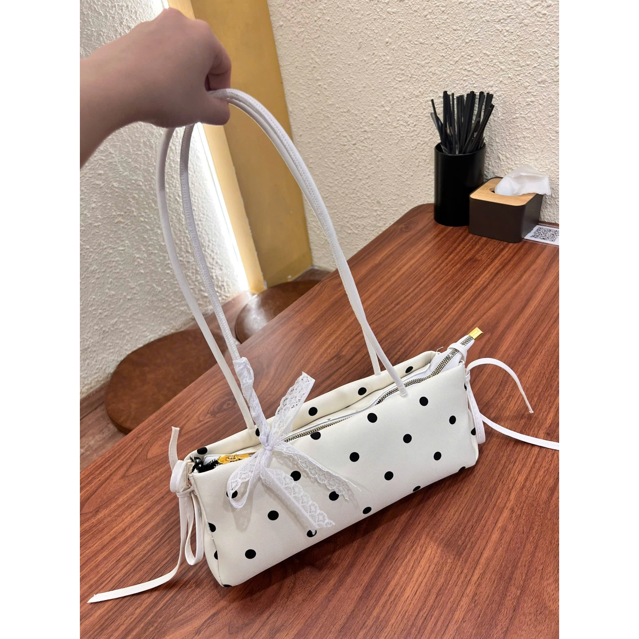 Túi Xách Nữ Cunbag Dáng Dài Chấm Bi Vintage Đính Nơ Ren Túi Đeo Vai Phong Cách Hàn Quốc Thanh Lịch Chơi CUN034