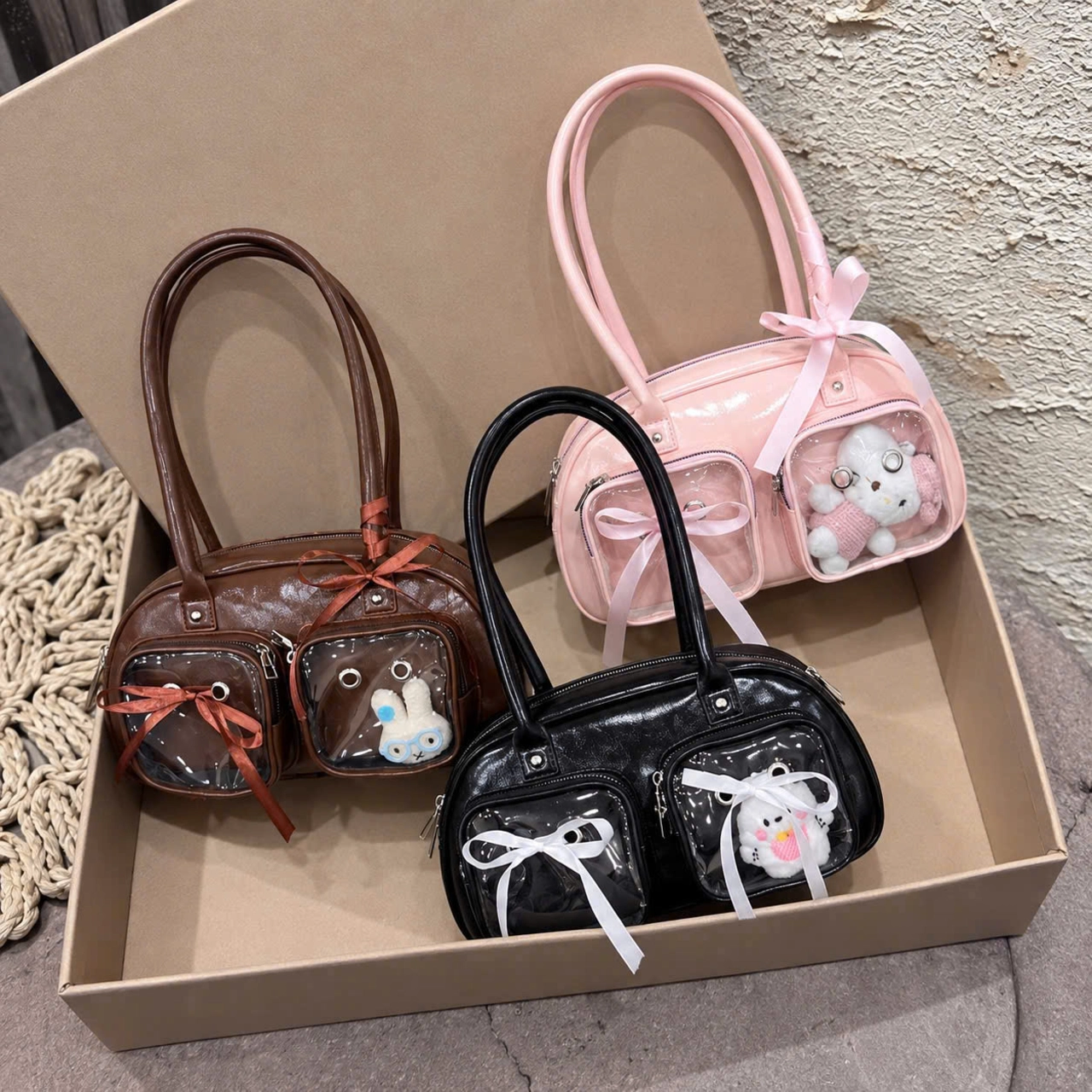 (Tặng Charm) Túi Xách Nữ Cunbag Dáng Trống Boston Phối Ngăn Trong Suốt Đựng Gấu Bông CUN453