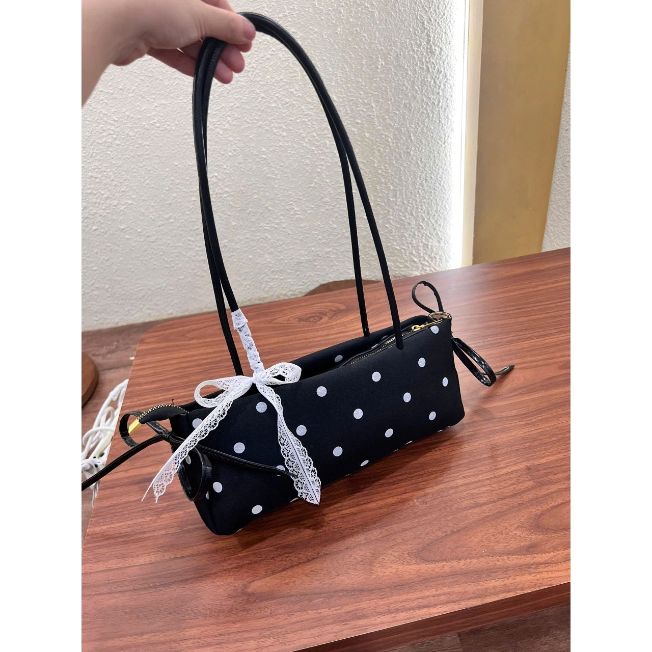 Túi Xách Nữ Cunbag Dáng Dài Chấm Bi Vintage Đính Nơ Ren Túi Đeo Vai Phong Cách Hàn Quốc Thanh Lịch Chơi CUN034