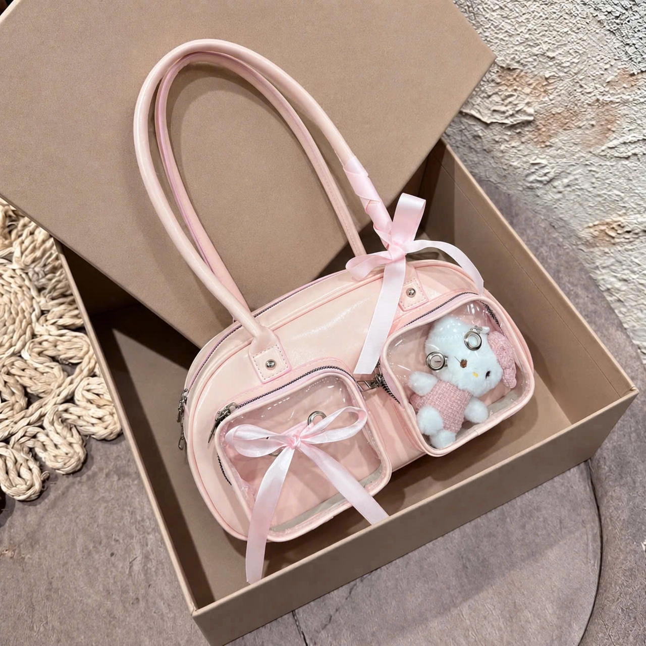 (Tặng Charm) Túi Xách Nữ Cunbag Dáng Trống Boston Phối Ngăn Trong Suốt Đựng Gấu Bông CUN453