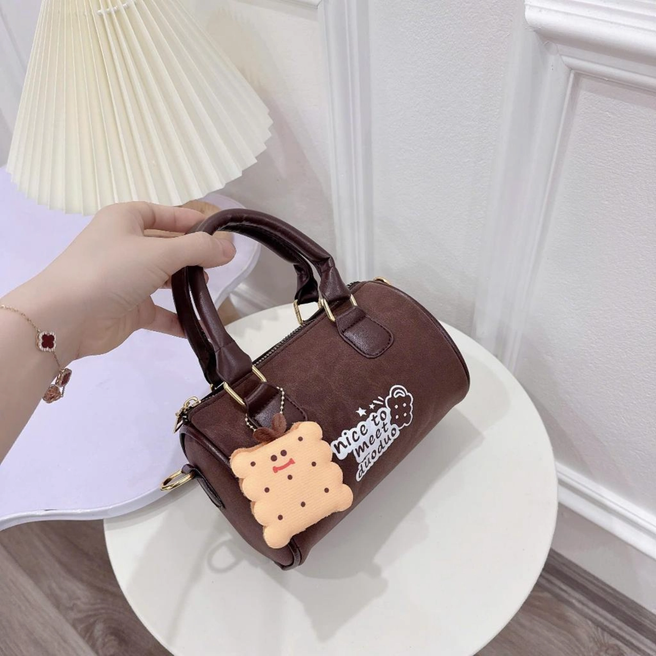 (Tặng Móc Xinh) Túi Xách Nữ Cunbag Dáng Trống Da Hoạ Tiết Vân Báo CUN062