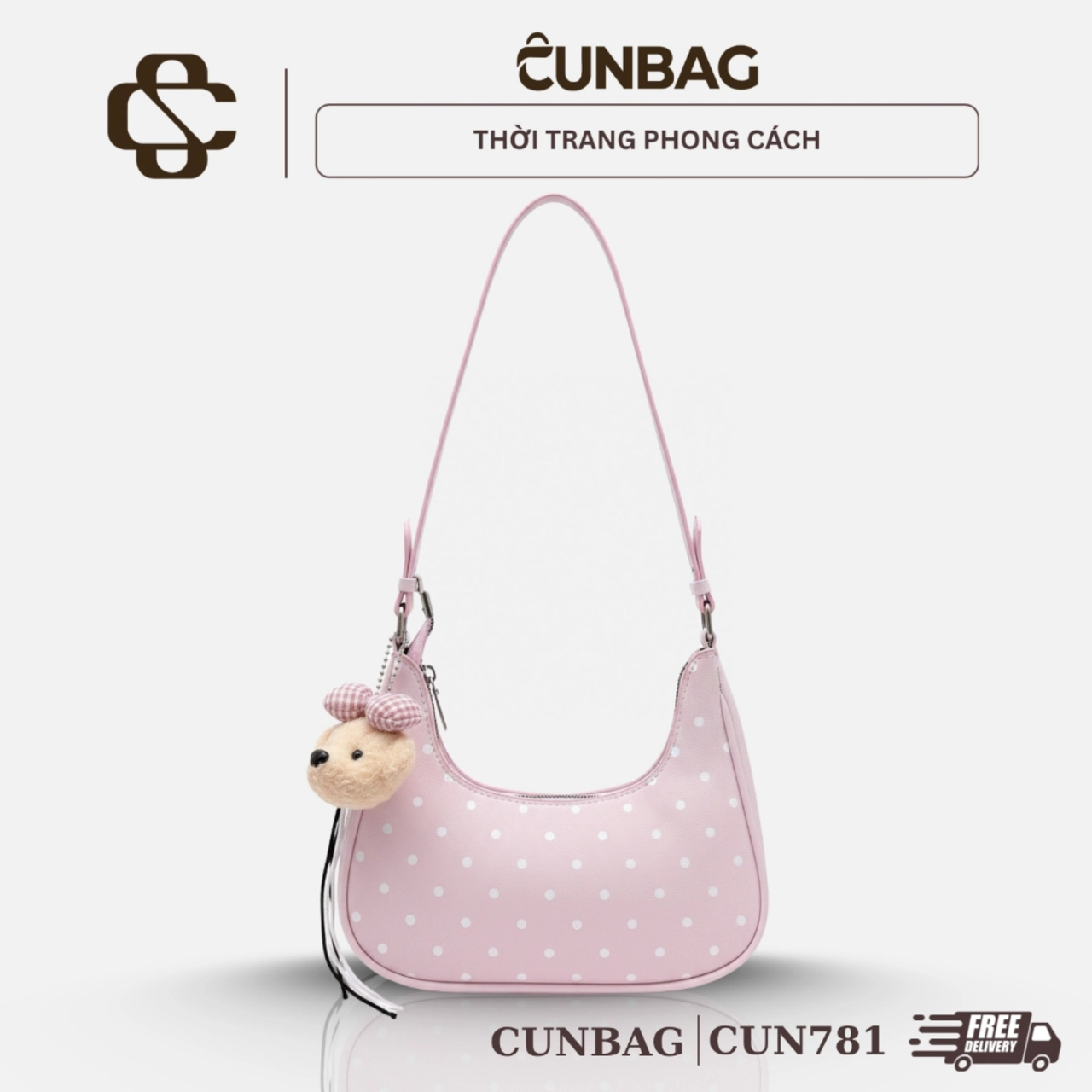 (Tặng Charm Gấu) Túi Xách Nữ Cunbag Hobo Bo Cong Sành Điệu Da Mềm Họa Tiết Bi Nhỏ Dạo Phố CUN781