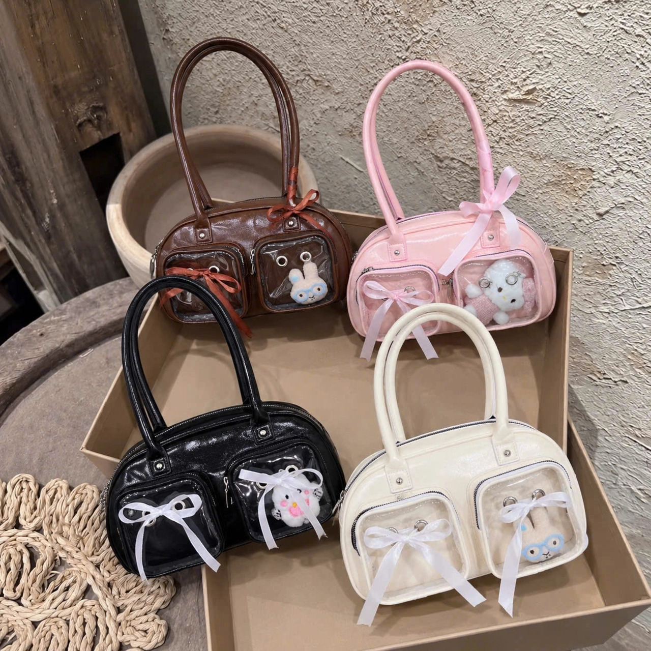 (Tặng Charm) Túi Xách Nữ Cunbag Dáng Trống Boston Phối Ngăn Trong Suốt Đựng Gấu Bông CUN453