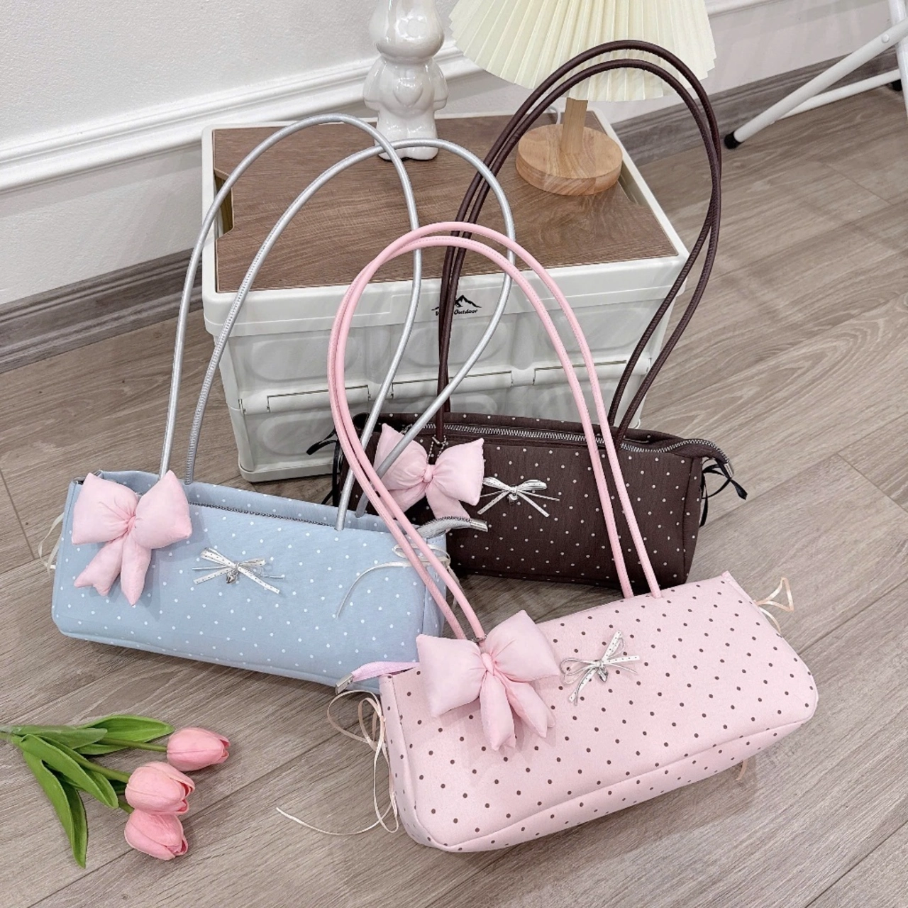 (Tặng Charm Nơ) Túi Xách Nữ Cunbag Baguette Chấm Bi Túi Kẹp Nách Coquette Đính Nơ Vải CUN698