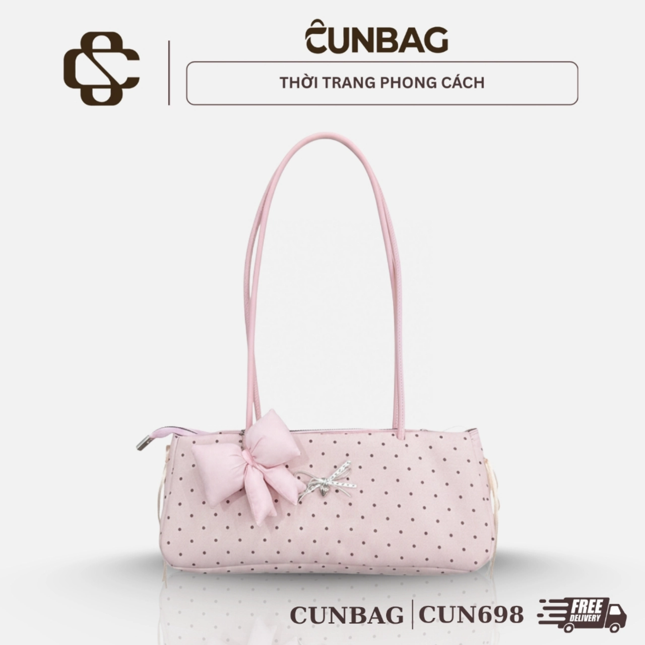 (Tặng Charm Nơ) Túi Xách Nữ Cunbag Baguette Chấm Bi Túi Kẹp Nách Coquette Đính Nơ Vải CUN698