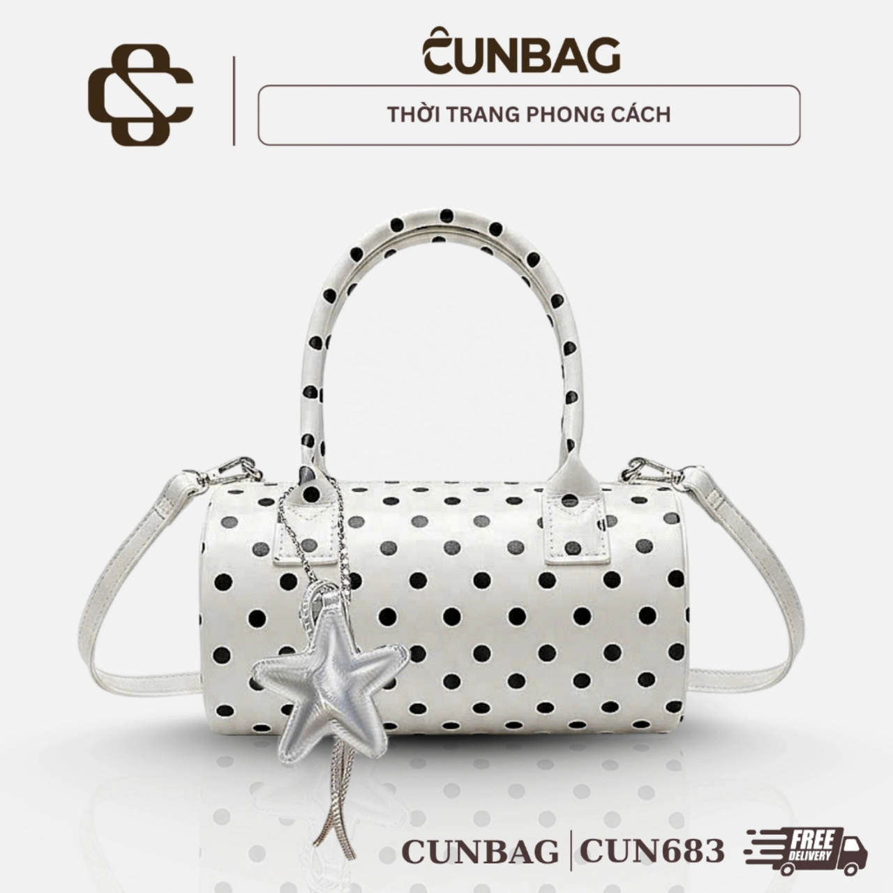 (Deal Mở Bán) (Tặng Chamr Sao) Túi Xách Nữ Cunbag Dáng Trống Tròn Phối Chấm Bi Retro CUN683