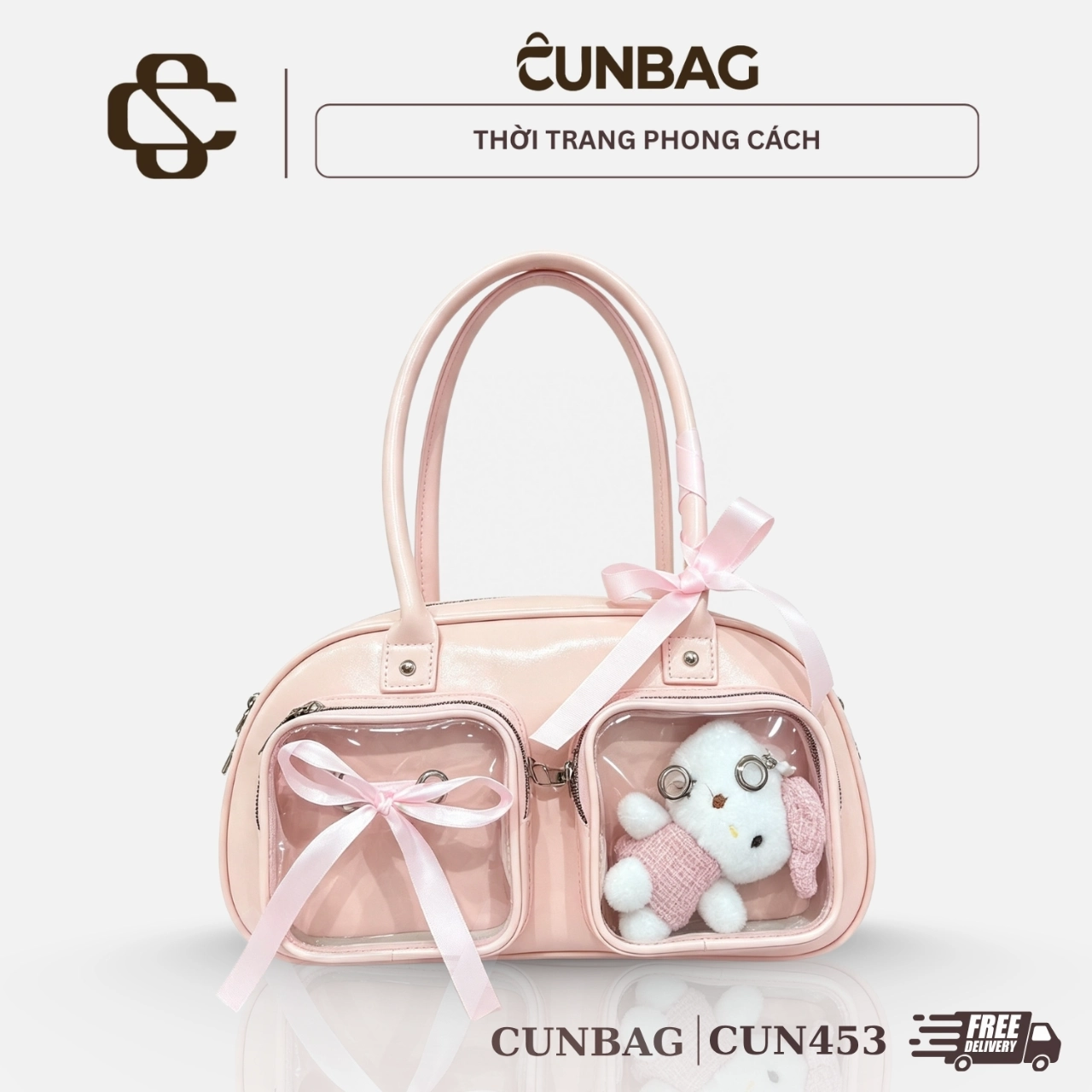 (Tặng Charm) Túi Xách Nữ Cunbag Dáng Trống Boston Phối Ngăn Trong Suốt Đựng Gấu Bông CUN453