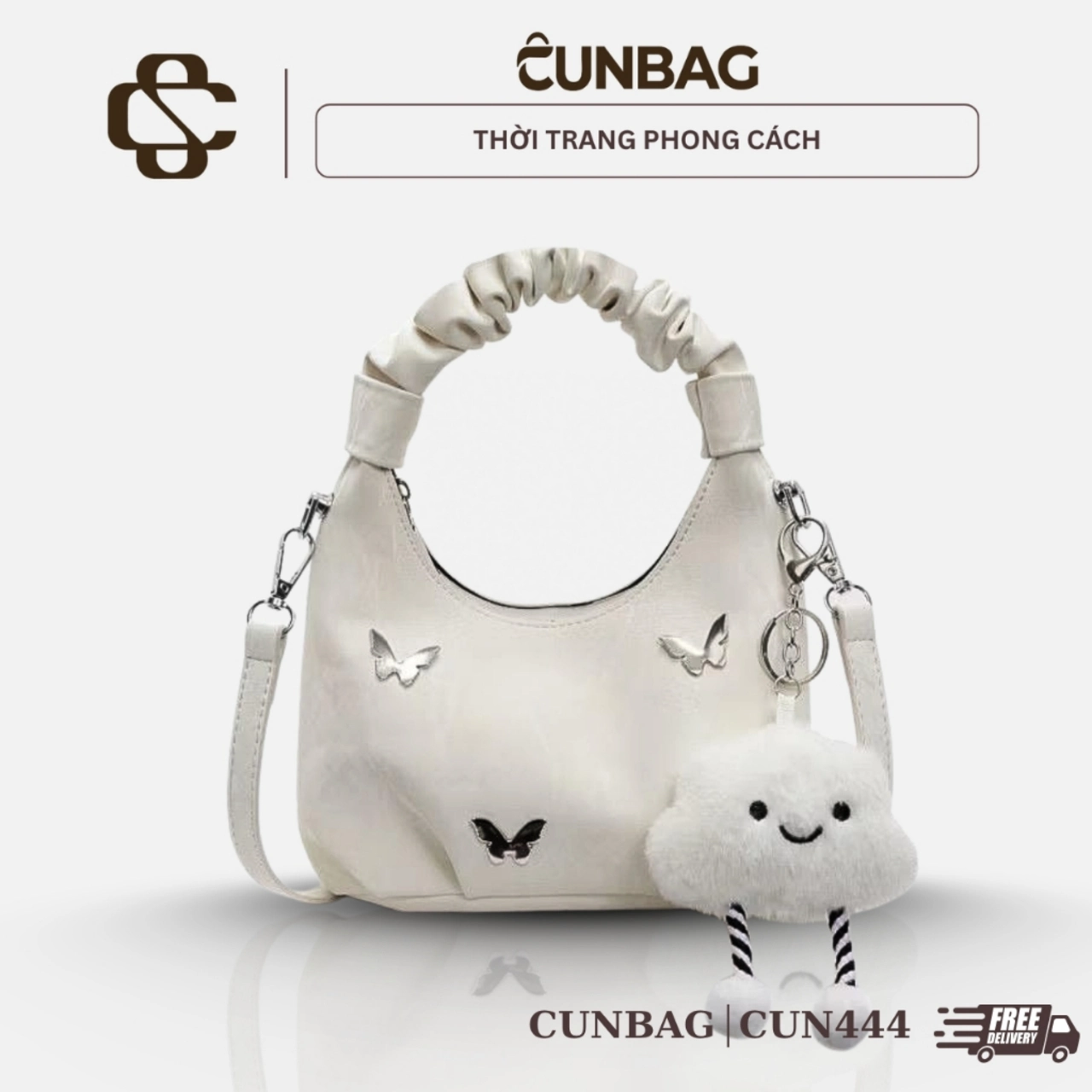 [TẶNG CHARM MÂY] Túi Xách Nữ Quai Rúm Đính Phụ Kiện Xinh Sắn Cầm Tay Đeo Chéo Kèm Móc Khoá Mây Bag Da Kem CUN444