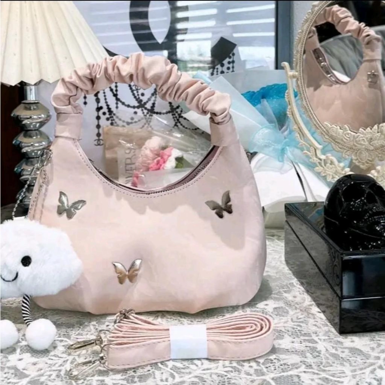 [TẶNG CHARM MÂY] Túi Xách Nữ Quai Rúm Đính Phụ Kiện Xinh Sắn Cầm Tay Đeo Chéo Kèm Móc Khoá Mây Bag Da Kem CUN444