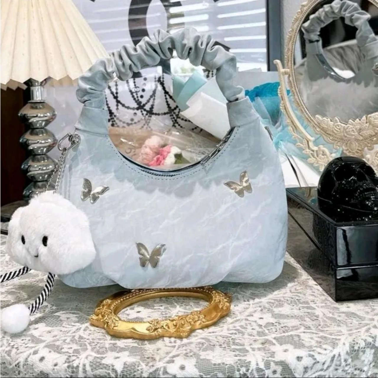 [TẶNG CHARM MÂY] Túi Xách Nữ Quai Rúm Đính Phụ Kiện Xinh Sắn Cầm Tay Đeo Chéo Kèm Móc Khoá Mây Bag Da Kem CUN444