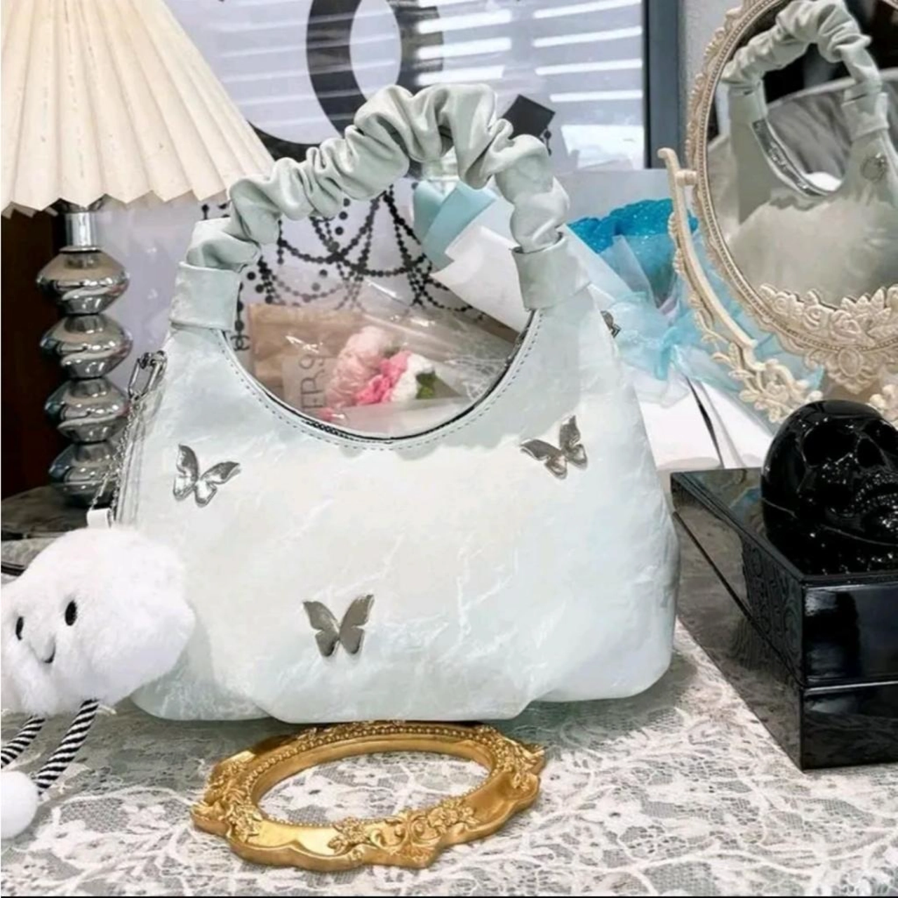 [TẶNG CHARM MÂY] Túi Xách Nữ Quai Rúm Đính Phụ Kiện Xinh Sắn Cầm Tay Đeo Chéo Kèm Móc Khoá Mây Bag Da Kem CUN444