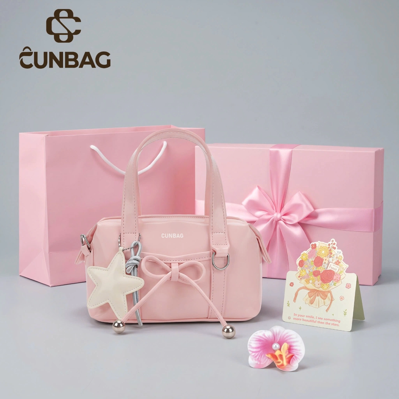 SET QUÀ 20.10 Set Quà Tặng CUNBAG Mini Boston (30x20x10), Túi Xách Tay Kèm Charm Sao, Hộp Quà Hồng, Kẹp Tóc Hoa Lan (Tặng Người Thân, Người Thương, Bạn bè, Tặng Em) SET216