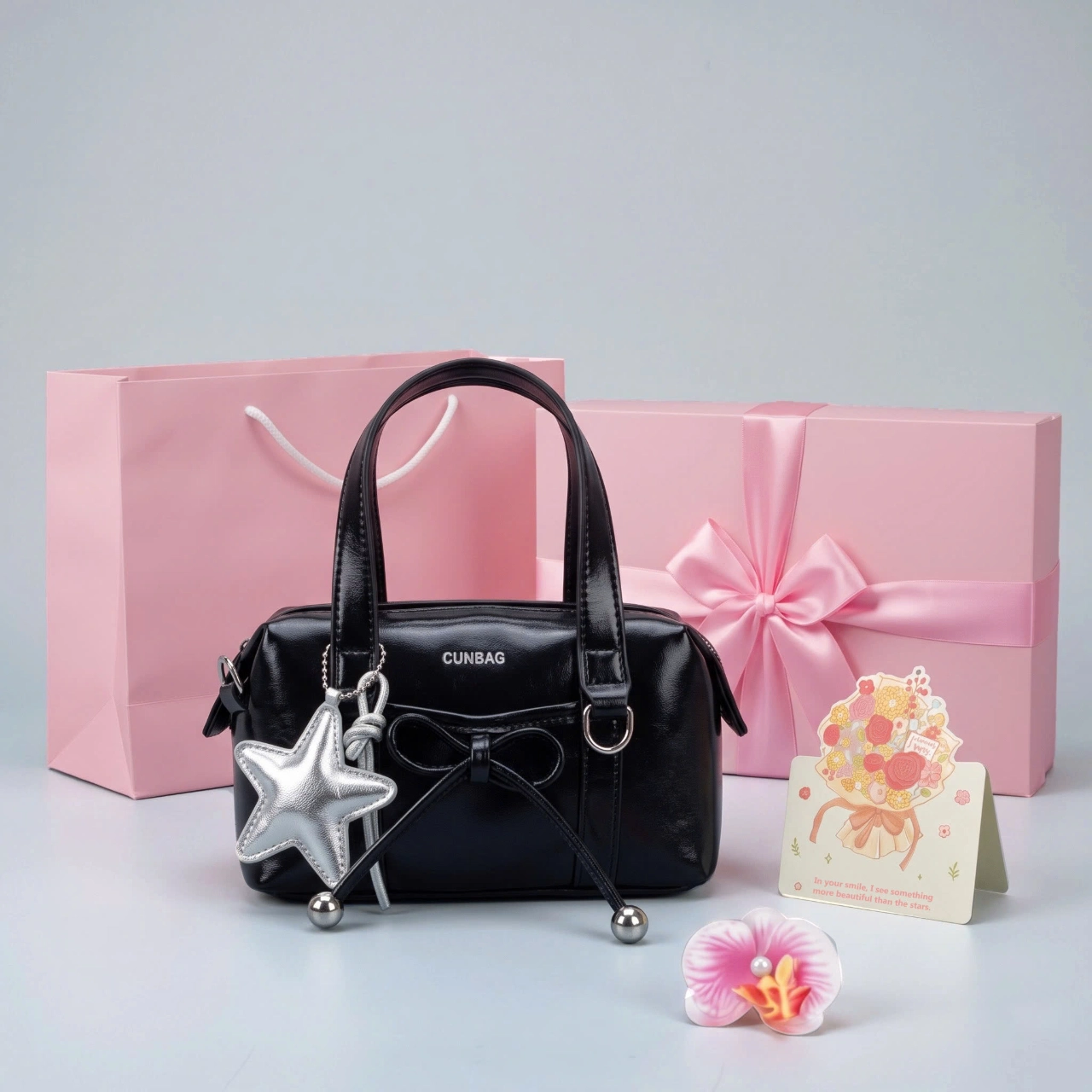 SET QUÀ 20.10 Set Quà Tặng CUNBAG Mini Boston (30x20x10), Túi Xách Tay Kèm Charm Sao, Hộp Quà Hồng, Kẹp Tóc Hoa Lan (Tặng Người Thân, Người Thương, Bạn bè, Tặng Em) SET216