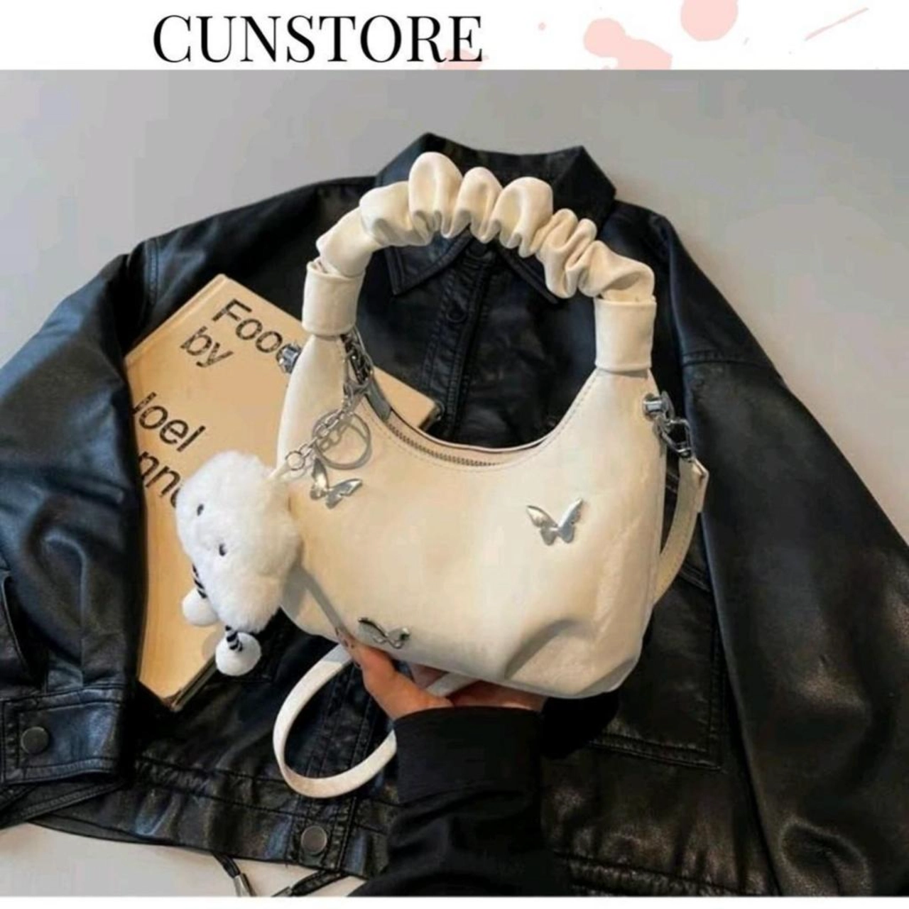 [TẶNG CHARM MÂY] Túi Xách Nữ Quai Rúm Đính Phụ Kiện Xinh Sắn Cầm Tay Đeo Chéo Kèm Móc Khoá Mây Bag Da Kem CUN444