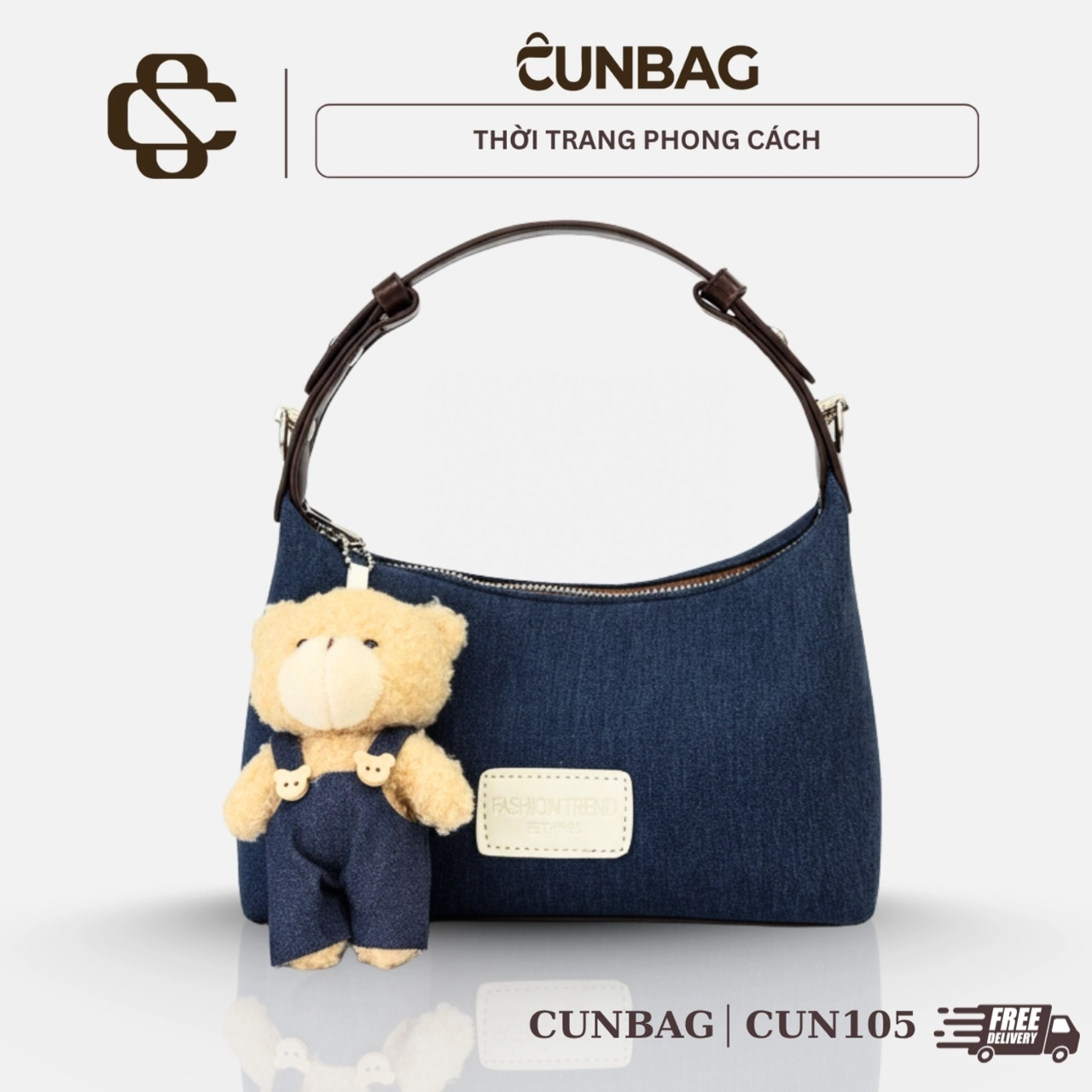 (Tặng Móc Gấu) Túi Xách Nữ Deo Chéo Có Quai Xách Tay Phối Vải Jeans Hottrend  CUN105