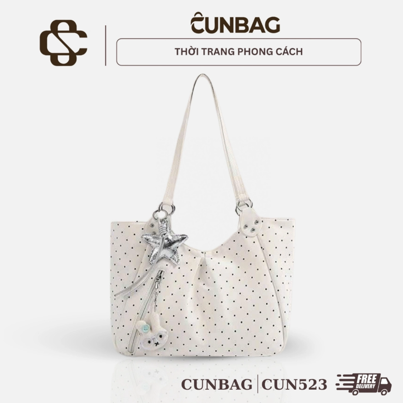 (Da Mềm - Tặng Charm Sao) Túi Xách Nữ Cunbag Chấm Bi Nhí Đeo Vai Đeo Chéo Xách Tay Tiện Lợi CUN523
