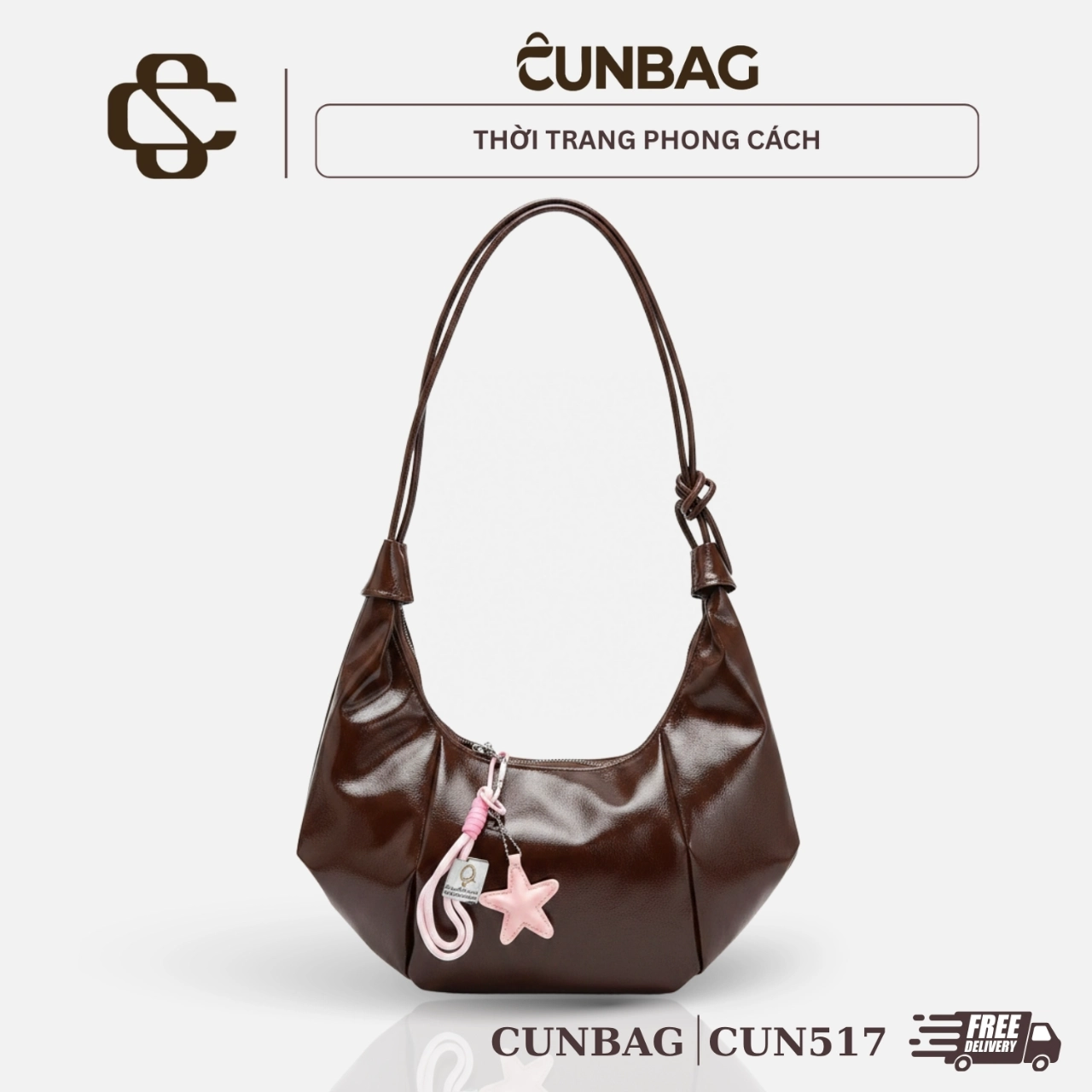 [Tặng Charm Sao] Túi Xách Nữ Cunbag Dáng Hobo Xếp Nếp Túi Đeo Vai Hình Thuyền Ngôi Sao Hồng CUN517