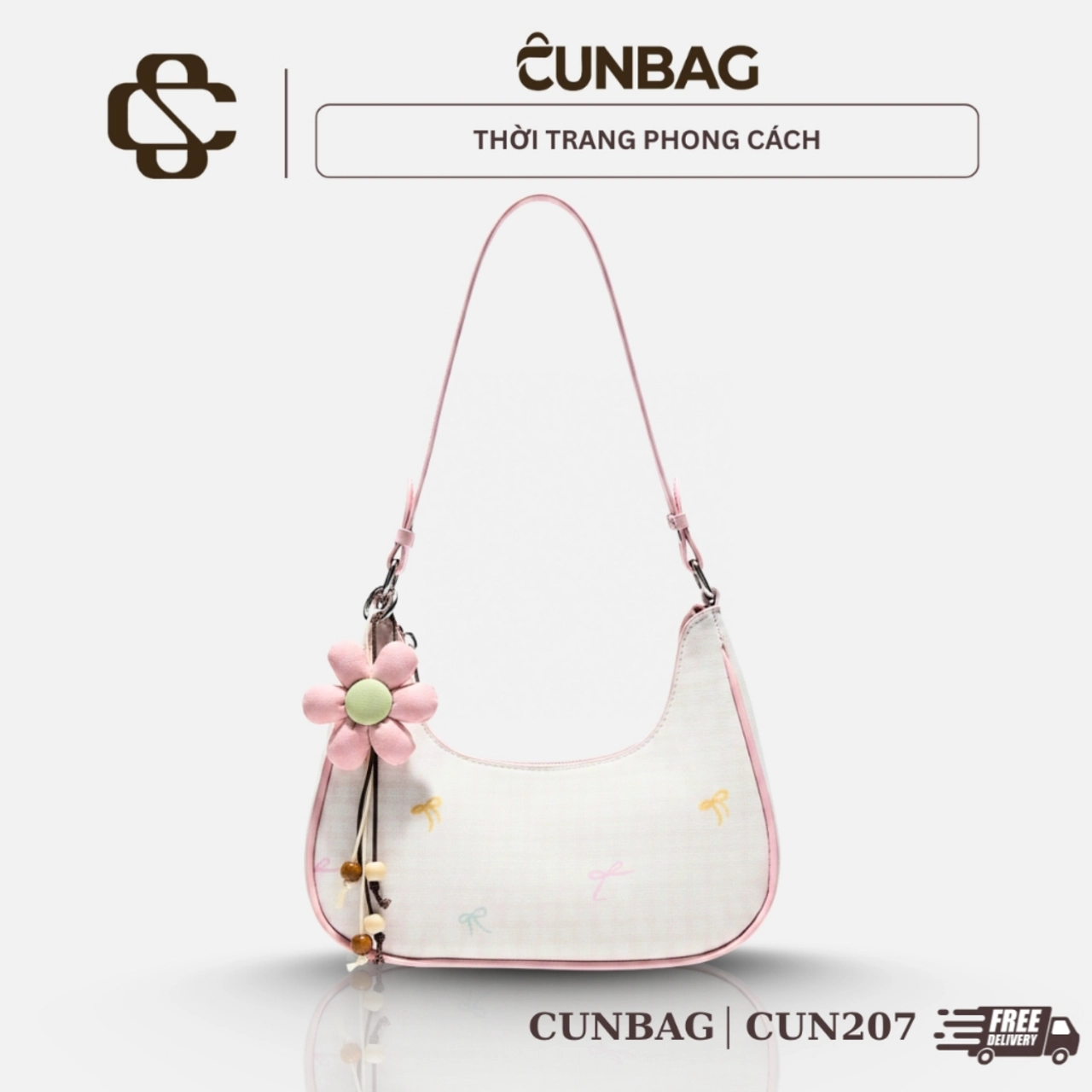 Túi Xách Nữ Cunbag Đeo Vai Caro Nhỏ Đính Hoa Vải Phong Cách Hàn Quốc Khóa Kéo Tiện Lợi CUN207