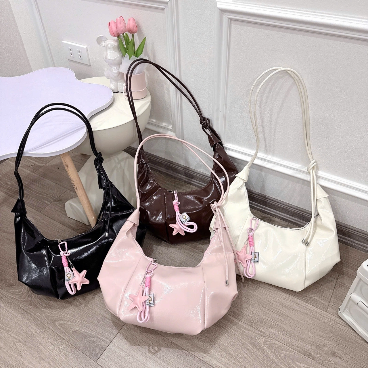 [Tặng Charm Sao] Túi Xách Nữ Cunbag Dáng Hobo Xếp Nếp Túi Đeo Vai Hình Thuyền Ngôi Sao Hồng CUN517
