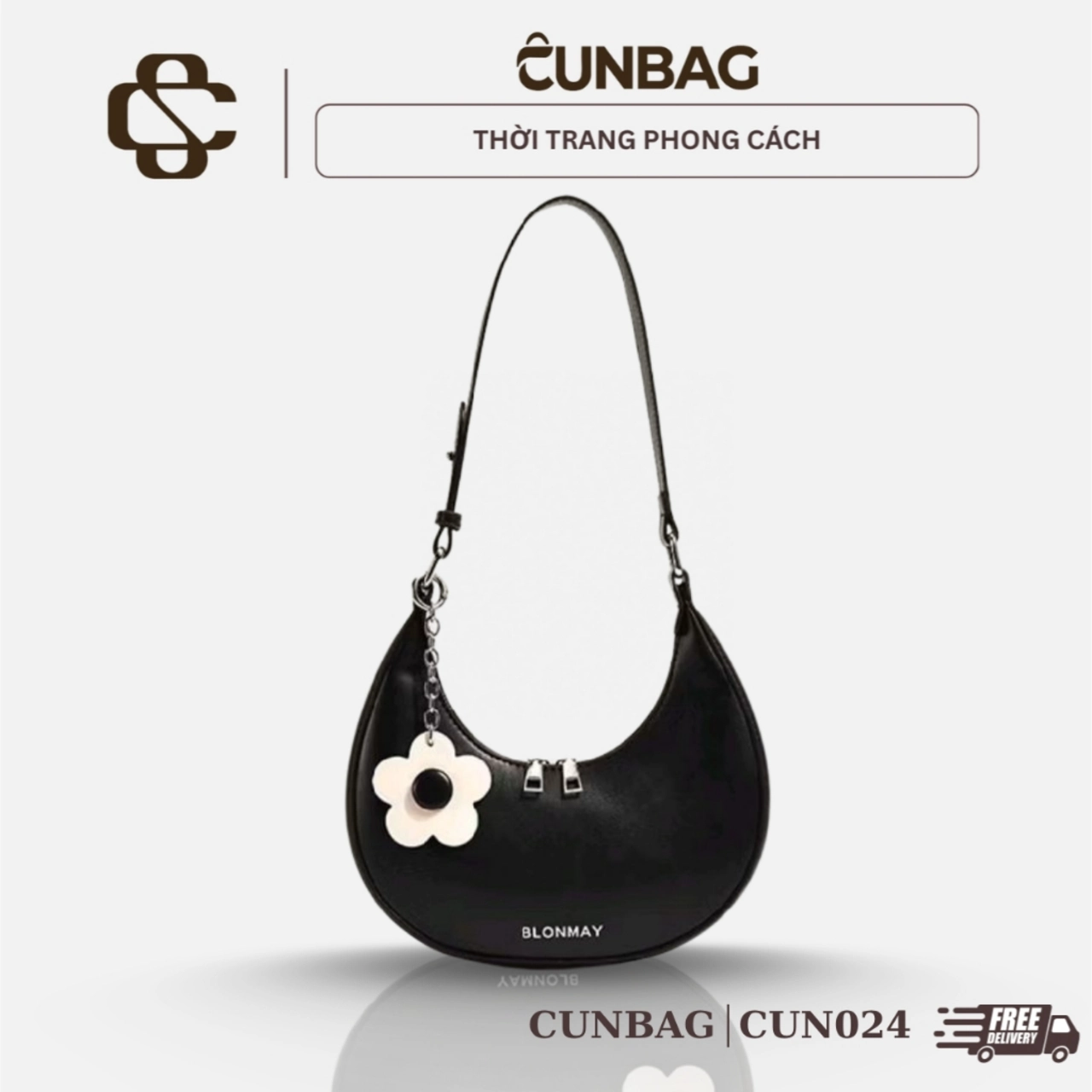 Túi Xách Nữ Cunbag Dáng Trăng Khuyết Hobo - Túi Đeo Vai Da Mềm Trơn Tặng Charm Bông Hoa Hàn Quốc CUN024